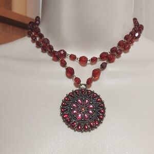 Robert Rose Red Linked Beads Layered Choker Medallion Pendant Necklace